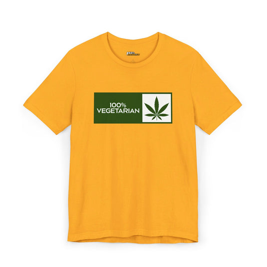 Gold 100% Vegetarian t-shirt for men and women, funny cannabis leaf design, ideal gift for weed lovers.