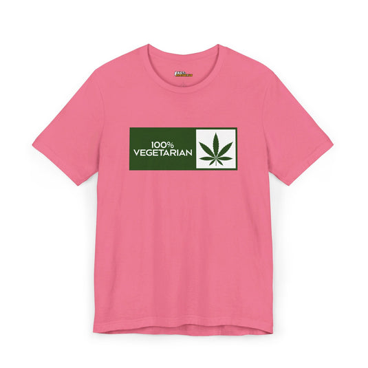 Charity Pink 100% Vegetarian t-shirt for men and women, funny cannabis leaf graphic tee, perfect for weed enthusiasts.