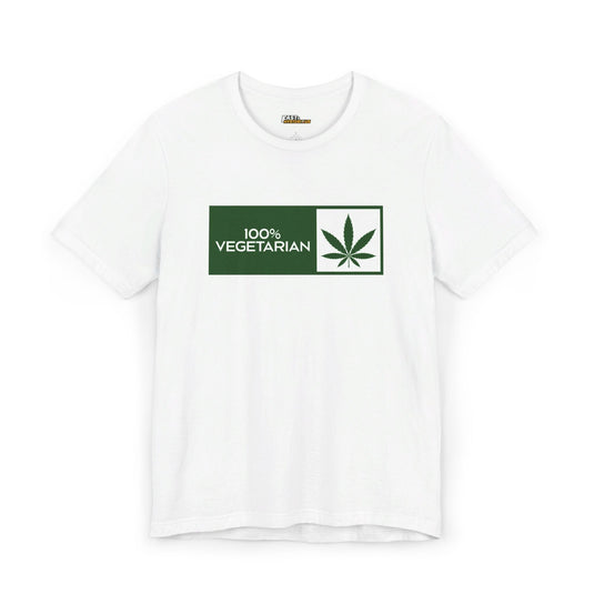 White 100% Vegetarian t-shirt for men and women, funny weed lover tee with cannabis leaf, ideal for herb enthusiasts.