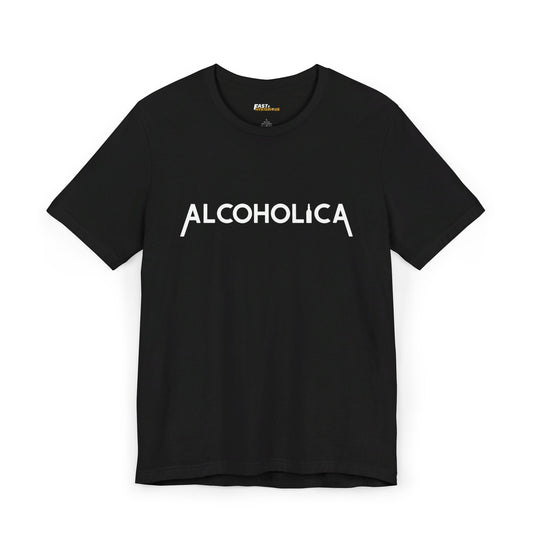 Black Alcoholica funny alcohol lover t-shirt for men and women, unisex band parody graphic tee, perfect for drink enthusiasts.