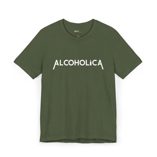 Military Green Alcoholica funny alcohol lover t-shirt for men and women, unisex band parody tee, ideal for parties and gifts.