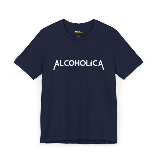 Navy Alcoholica funny alcohol lover t-shirt for men and women, unisex band parody tee, ideal for casual wear.