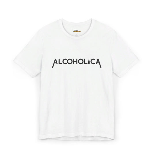 White Alcoholica funny alcohol lover t-shirt for men and women, unisex band parody tee, perfect gift for drink lovers.