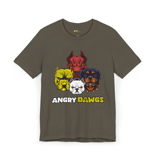 Dog lover's Angry Dawgs graphic T-shirt in army green for men and women, with a humorous cartoon dog design.