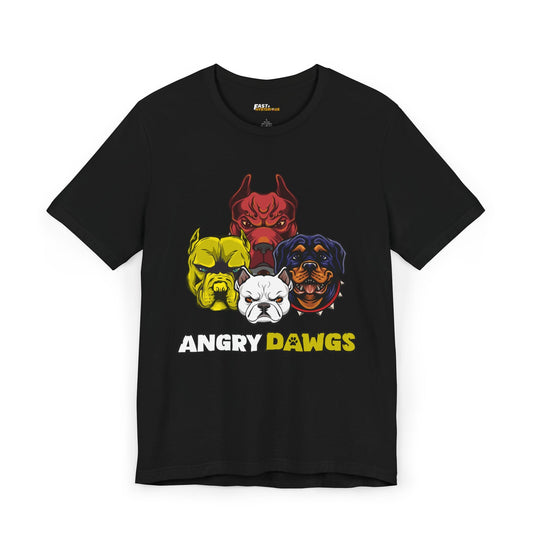 Angry Dawgs funny dog lover T-shirt in black for men and women with a playful cartoon dog design.