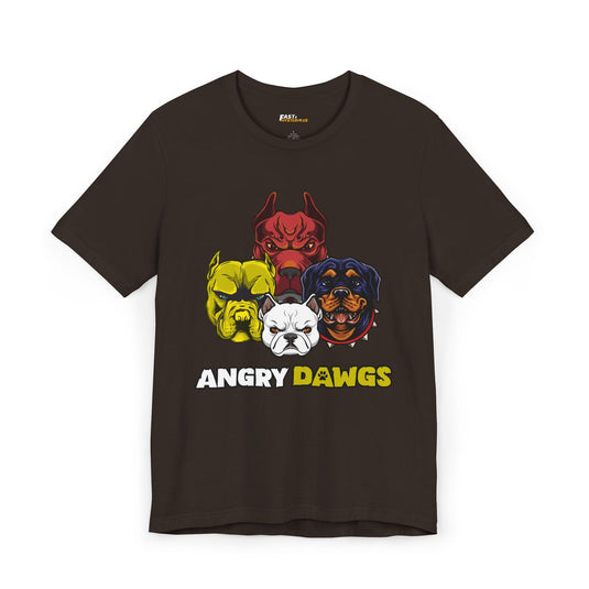 Angry Dawgs funny dog lover T-shirt in brown for men and women with a quirky dog-inspired graphic.