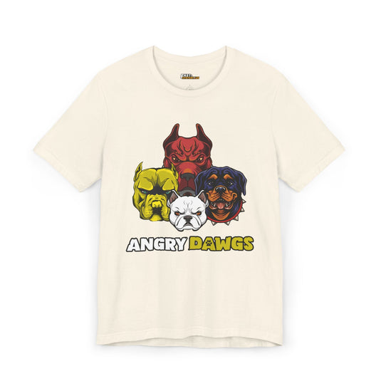 Natural color Angry Dawgs graphic T-shirt for men and women with a fun, dog-themed design.