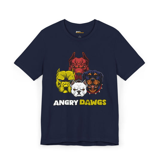 Angry Dawgs funny dog lover T-shirt in navy for men and women, ideal for casual wear with a playful dog graphic.