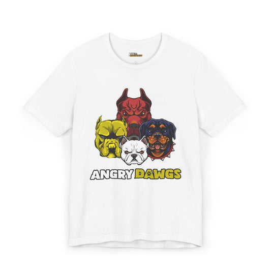 unny Angry Dawgs graphic T-shirt in white for men and women, featuring a quirky cartoon dog group.