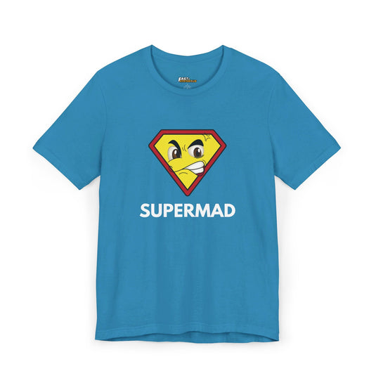 Aqua blue tee for men and women with a bold 'Supermad' parody design, ideal for fans of clever humor and fun fashion.