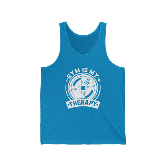 Aqua blue tank top for men and women with a funny motivational "Gym Is My Therapy" design, ideal for those who find therapy in their workouts.