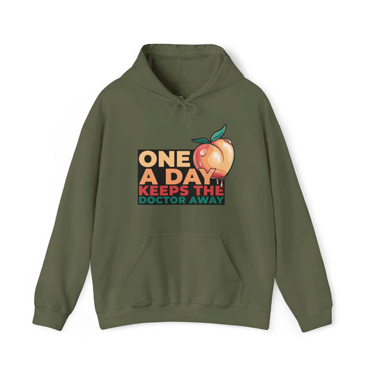 Army green hoodie for men and women with bold 'One A Day Keeps the Doctor Away' text and peach graphic, perfect for adults.