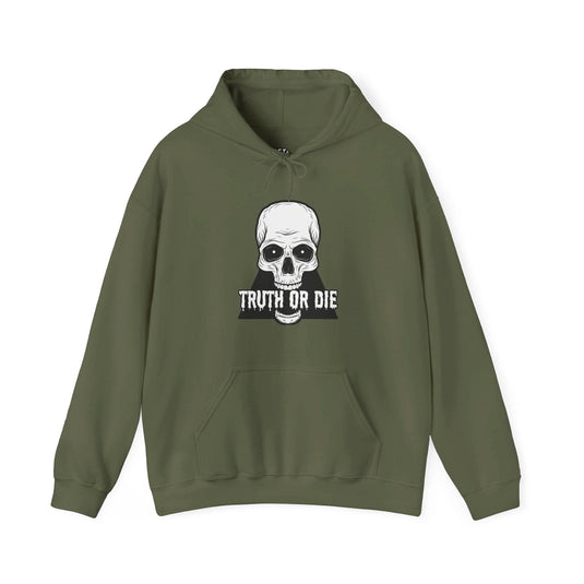 Army green hoodie for men and women featuring a bold "Truth or Die" design with a skull graphic, ideal for edgy fashion lovers.