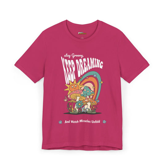 Berry-colored t-shirt with vibrant psychedelic artwork, perfect for spreading positivity and good vibes.