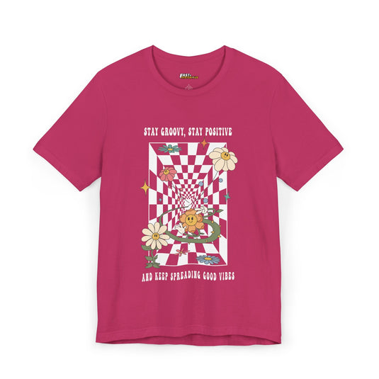 Berry-colored t-shirt with psychedelic flowers and a trippy checkerboard background, perfect for spreading good vibes.