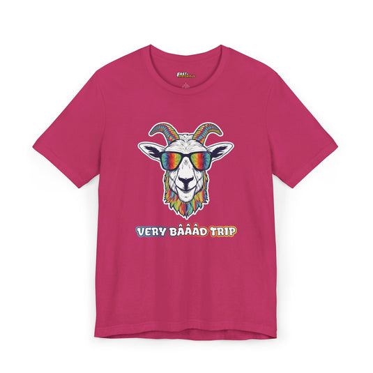 Berry tee for men and women with a bold 'Very Baaad Trip' graphic, ideal for those who love vibrant rave party designs.