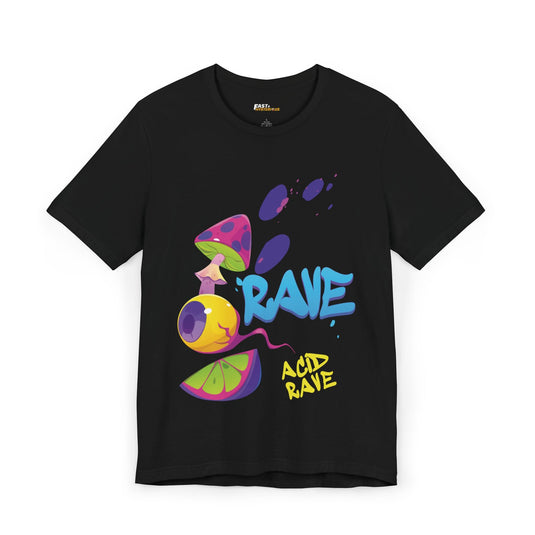 Black t-shirt with bold "Acid Rave" design, featuring colorful mushrooms and graffiti-style text, ideal for psychedelic rave trips.