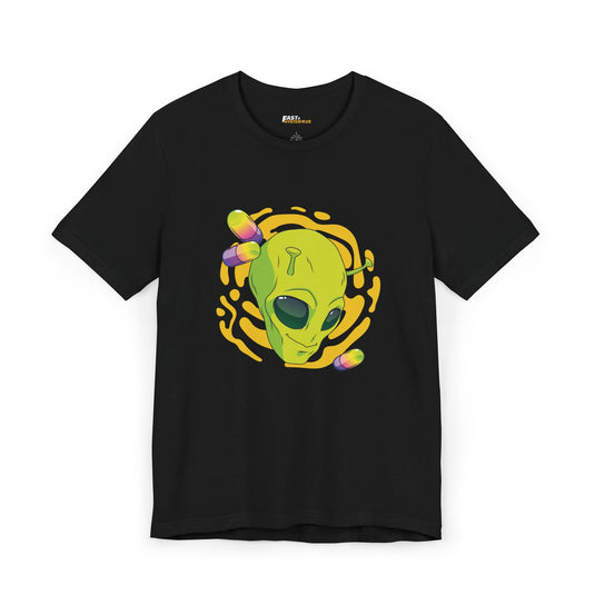 Black t-shirt for men and women featuring a colorful alien head design, perfect for those who enjoy psychedelic rave art.