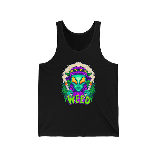 Black tank top for men and women with a striking "Alien Weed" graphic, perfect for showing off your love for cannabis.