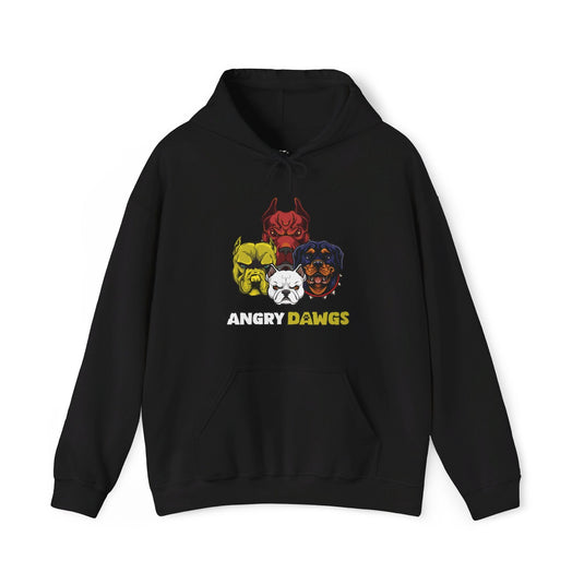 Black hoodie featuring the "Angry Dawgs" design, great for men and women who love dogs and appreciate a playful brand parody.