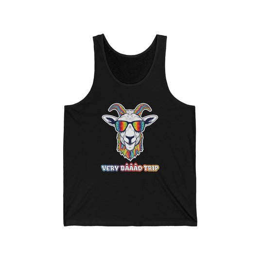 Black tank top for men and women with a vibrant "Very Baaad Trip" design, ideal for those who enjoy psychedelic experiences and rave culture.