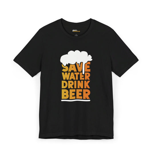 Black tee for men and women with a fun 'Save Water, Drink Beer' design, perfect for beer lovers who enjoy humor.