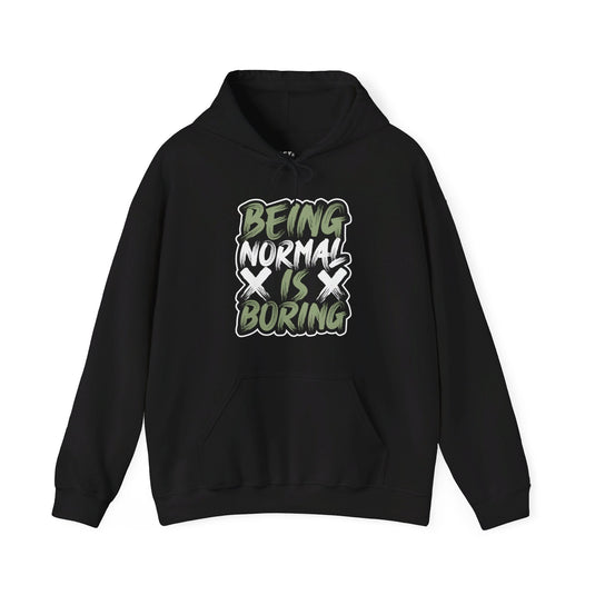 Black hoodie for men and women featuring a bold 'Being Normal is Boring' design in graffiti style, perfect for standing out.