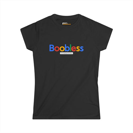 Black women's t-shirt with a funny 'Boobless' graphic, perfect for sarcastic humor lovers.