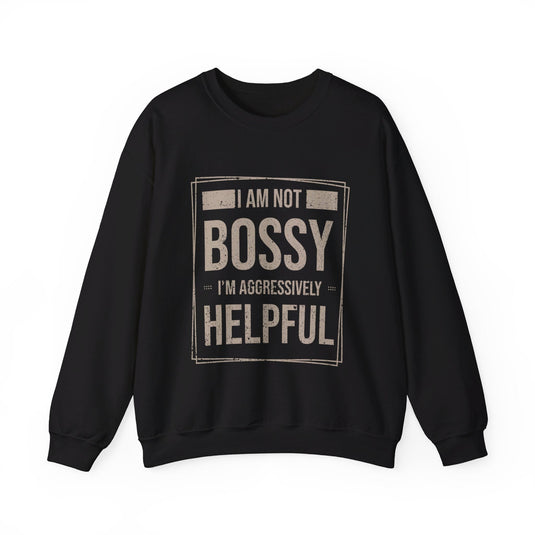 Black sweatshirt for men and women featuring a sarcastic 'Aggressively Helpful' graphic, perfect for confident personalities.