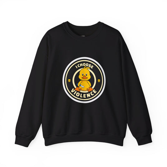 Black sweatshirt featuring a funny rubber duck holding a knife with the words "I Choose Violence" in a sarcastic design.