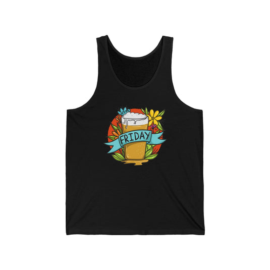 Black tank top for men and women featuring a vibrant "Friday Beer" design with colorful beer mug and floral graphics.