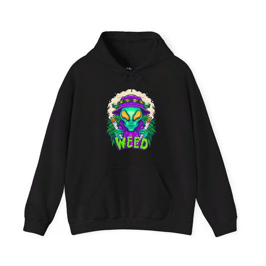 Black hoodie for men and women with a striking "Alien Weed" graphic, perfect for showing off your love for cannabis.