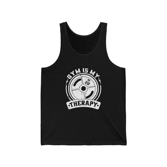 Black tank top for men and women featuring a bold "Gym Is My Therapy" design, perfect for expressing your funny love for fitness.