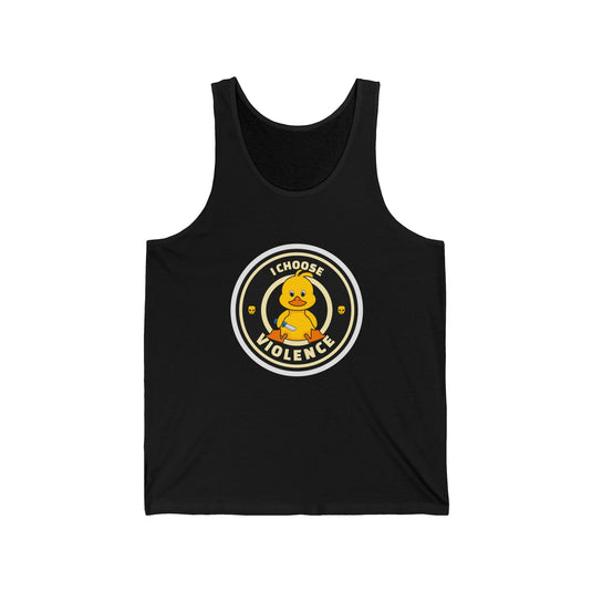 Black tank top for men and women featuring a playful "I Choose Violence" design with a cute rubber duck and knife graphic, perfect for sarcastic humor lovers.