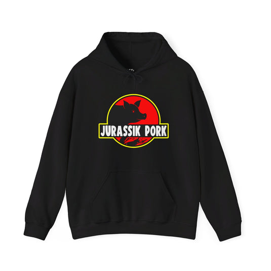 Black hoodie with "Jurassik Pork" funny parody design, great for men and women who love witty brand parodies and movie humor.