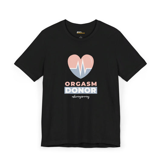 Black men’s tee featuring a playful design with a heart and 'Orgasm Donor' text, ideal for adult humor lovers.