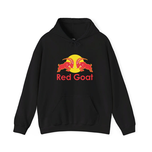 Black hoodie for men and women with a clever, funny red goat design, a subtle and humorous brand parody for casual wear.