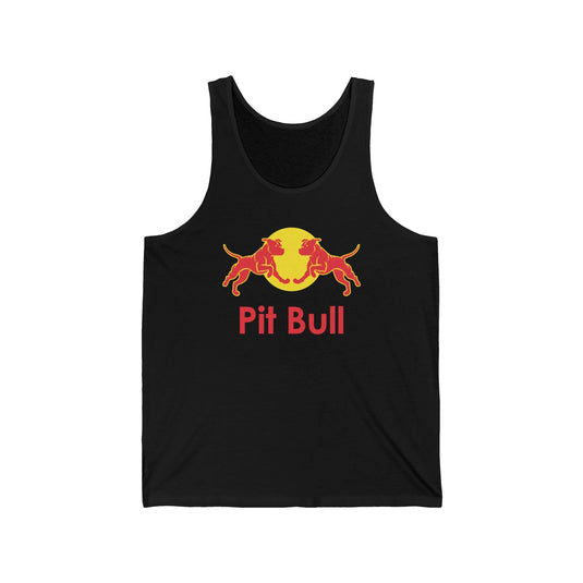 Black tank top for men and women featuring a clever "Pit Bull" brand parody design with a playful pit bull graphic, perfect for dog lovers.