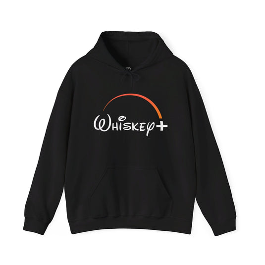 Black hoodie for men and women with a clever "Whiskey Plus" design, a subtle and humorous brand parody for alcohol lovers.