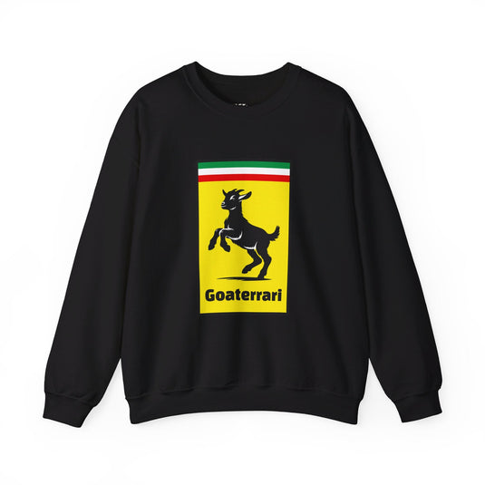 Black sweatshirt for men and women with a witty 'Goaterrari' logo parody, ideal for those who appreciate humor in fashion.