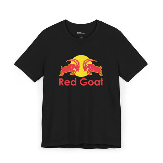 Black tee for men and women with a fun 'Red Goat' logo parody, ideal for fans of unique and humorous fashion.