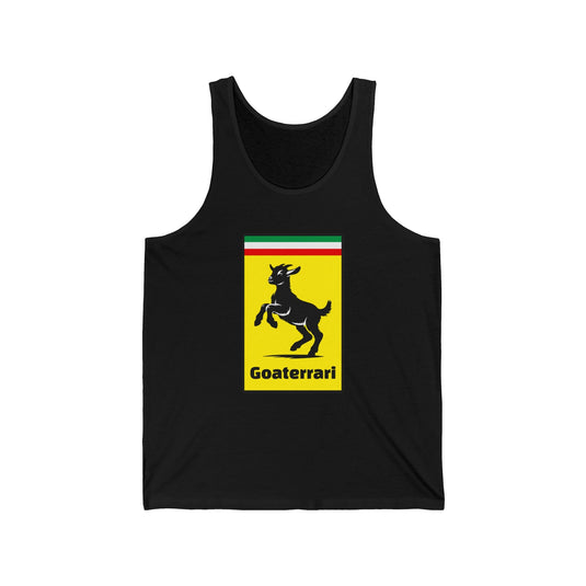 Black tank top for men and women with a clever "Goaterrari" brand parody design, ideal for those who love subtle humor and cars.