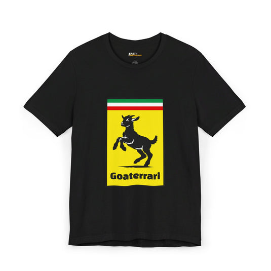 Black Goaterrari t-shirt, hilarious brand parody of the Ferrari logo, perfect for those who appreciate humor and creativity.