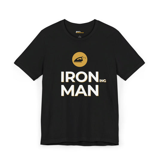 Black Ironing Man t-shirt, a clever and funny brand parody tee for men and women who love puns and sarcasm.