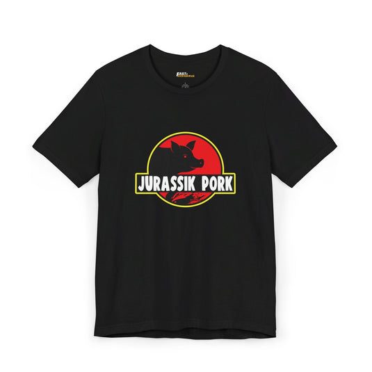 Black Jurassik Pork t-shirt for men and women, featuring a humorous brand parody design. Perfect for fans of clever humor.