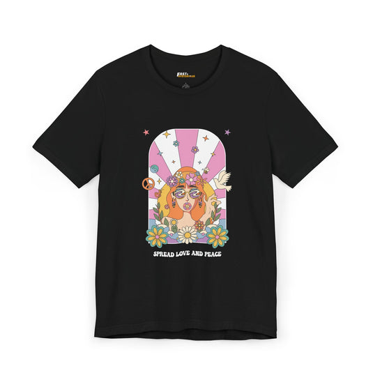 Black t-shirt featuring a groovy peace and love design, ideal for those who enjoy psychedelic festivals.