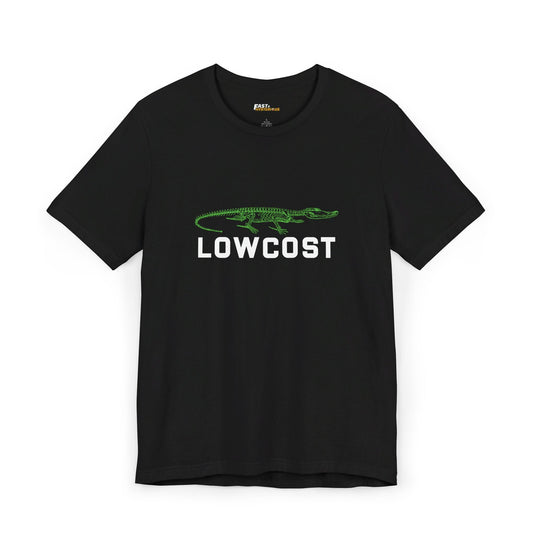 Black 'Lowcost' tee, a unisex shirt with a witty brand parody design, perfect for sarcasm lovers.