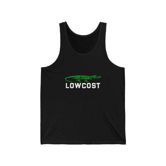 Black tank top for men and women with a playful "Lowcost" brand parody design, ideal for showcasing your sense of humor in a subtle way.