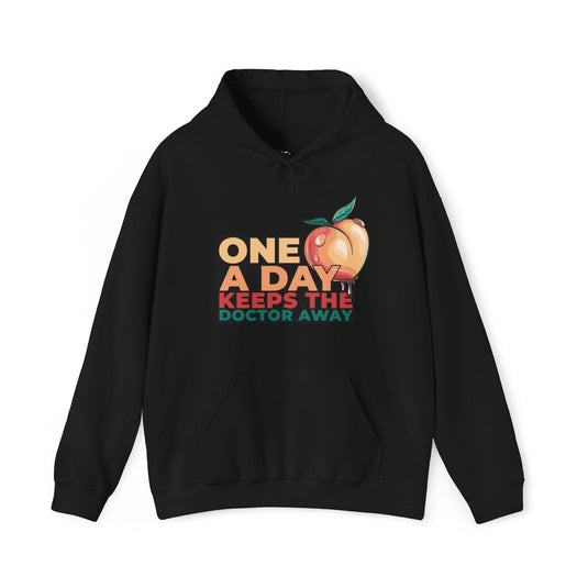 Black hoodie for men and women with cheeky 'One A Day Keeps the Doctor Away' text and a peach graphic, ideal for adult humor.