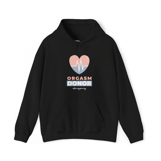 Black hoodie for men with bold "Orgasm Donor" text and playful graphic, perfect for adult humor and sarcasm lovers.